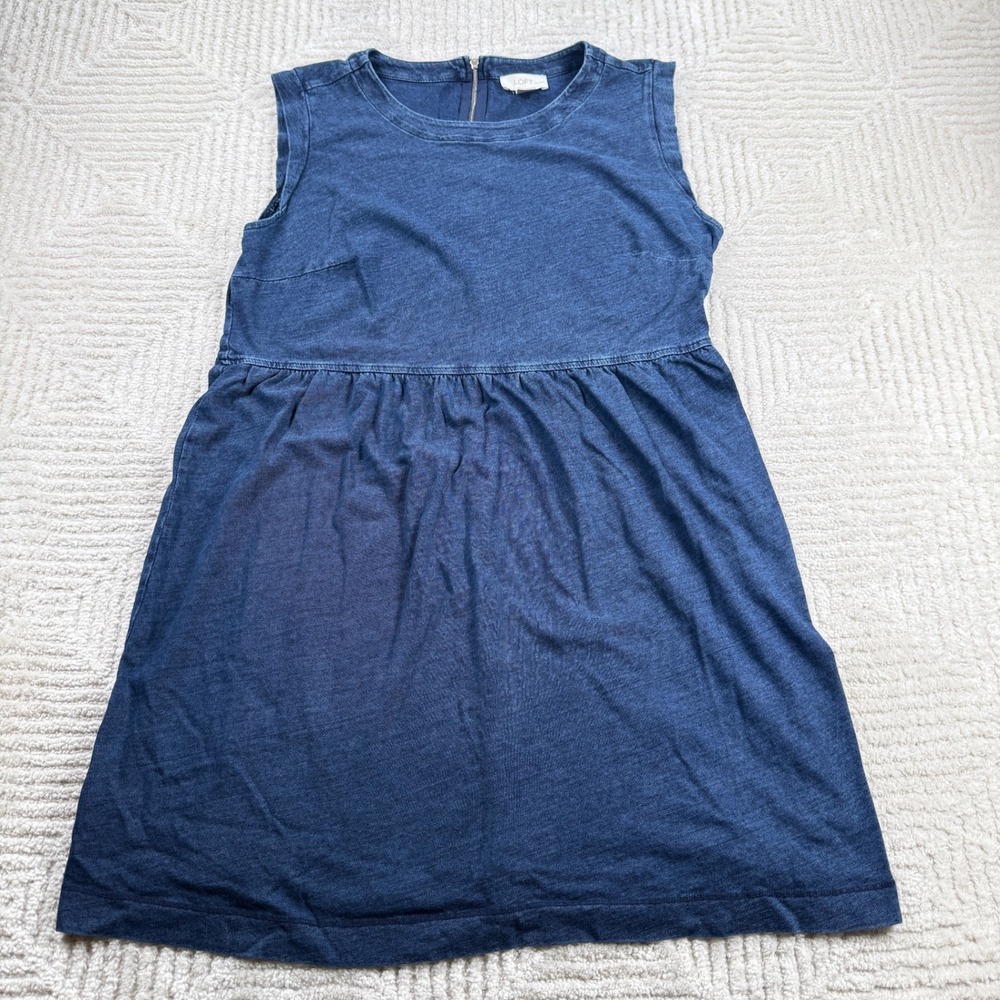 LOFT Dress Women's 14P Blue Sleeveless Empire Waist Cotton Knit Mini Boho Preppy